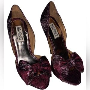 Badgley Mischka Satin D'orsay Heels Pump Bow Shoe Bridal Holiday Wine Size 6.5